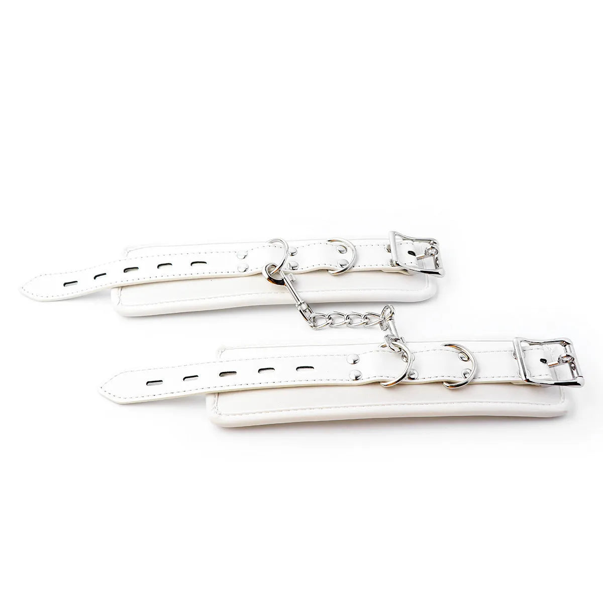 White PU sponge bondage cuff set showing handcuffs, footcuffs and neck cuff for restraint play