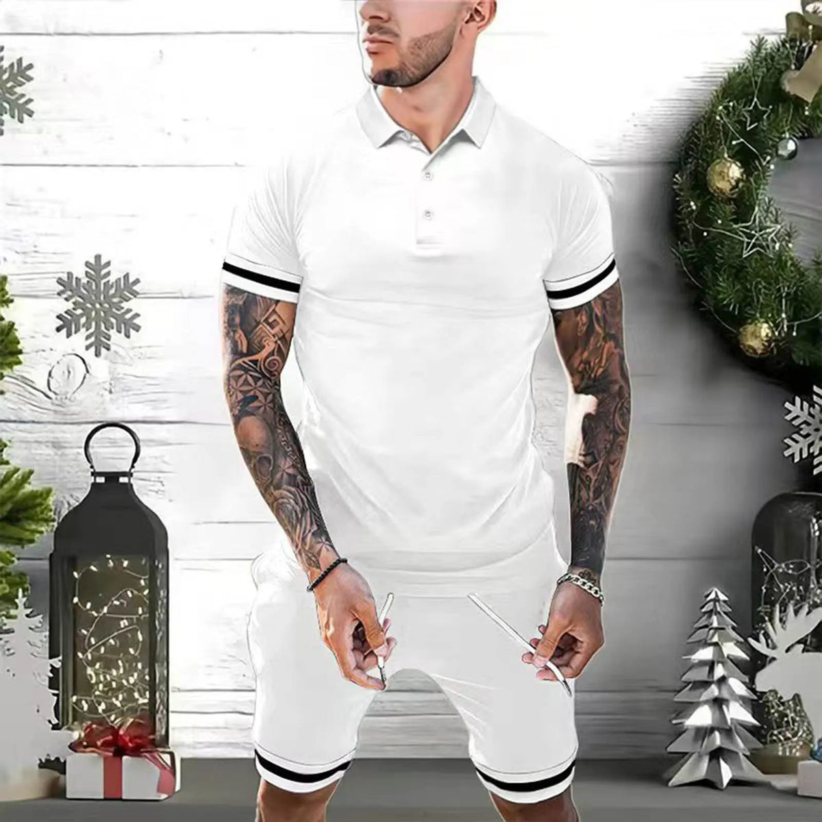 Mens summer short set with polo shirt and shorts in polyester, available in multiple colours