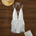 White deep V neck one-piece swimsuit with tassel detail and sleeveless design