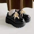 Matte black retro women's lace-up shoes with 6-8cm English muffin heel and thick rubber sole