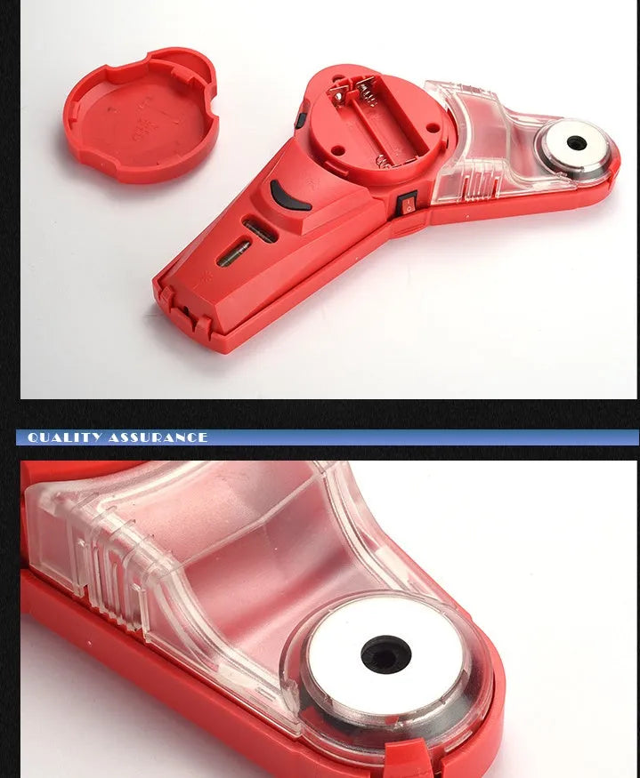 Red portable infrared laser level tool with punching and woodworking line functions on a white background.