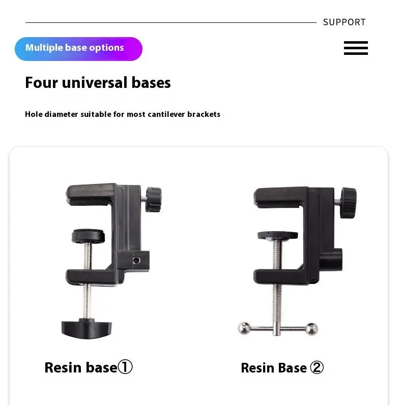 Black foldable metal desktop cantilever bracket holding a tablet, showing adjustable arm and clamp.