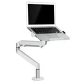 Silver aluminium alloy Free Hover laptop stand with adjustable air pressure arm on a desk.