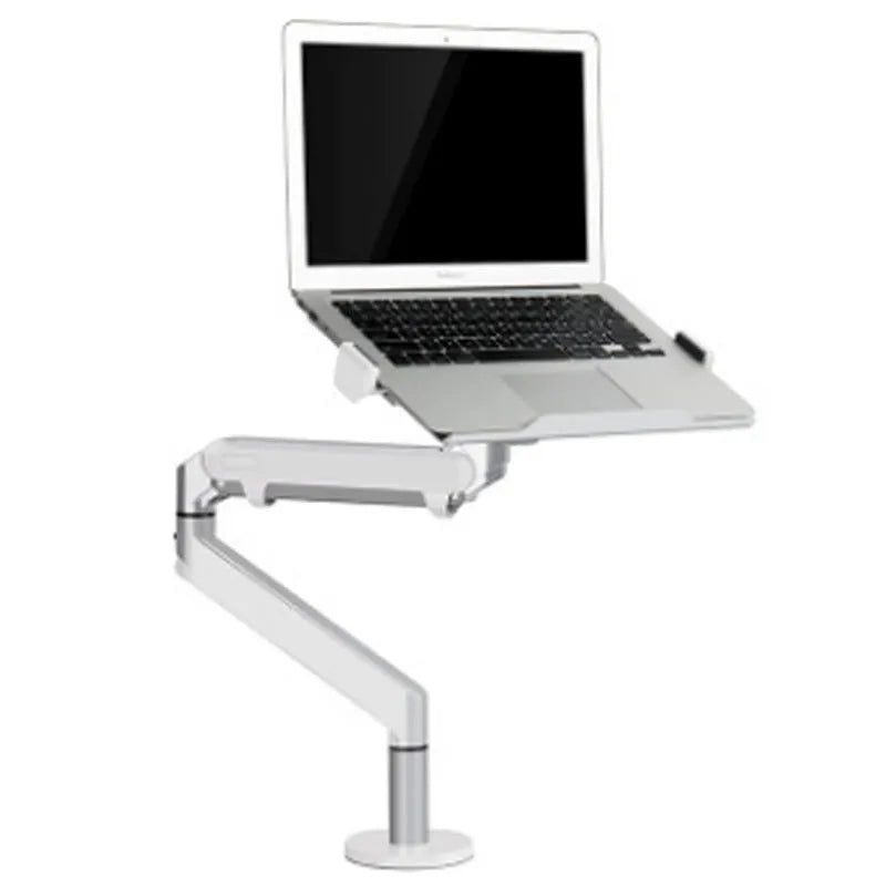 Silver aluminium alloy Free Hover laptop stand with adjustable air pressure arm on a desk.