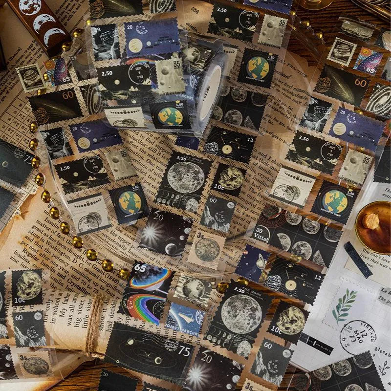 Roll of retro-style stamp stickers for journal decoration, showing butterfly, forest, bird and mushroom designs.