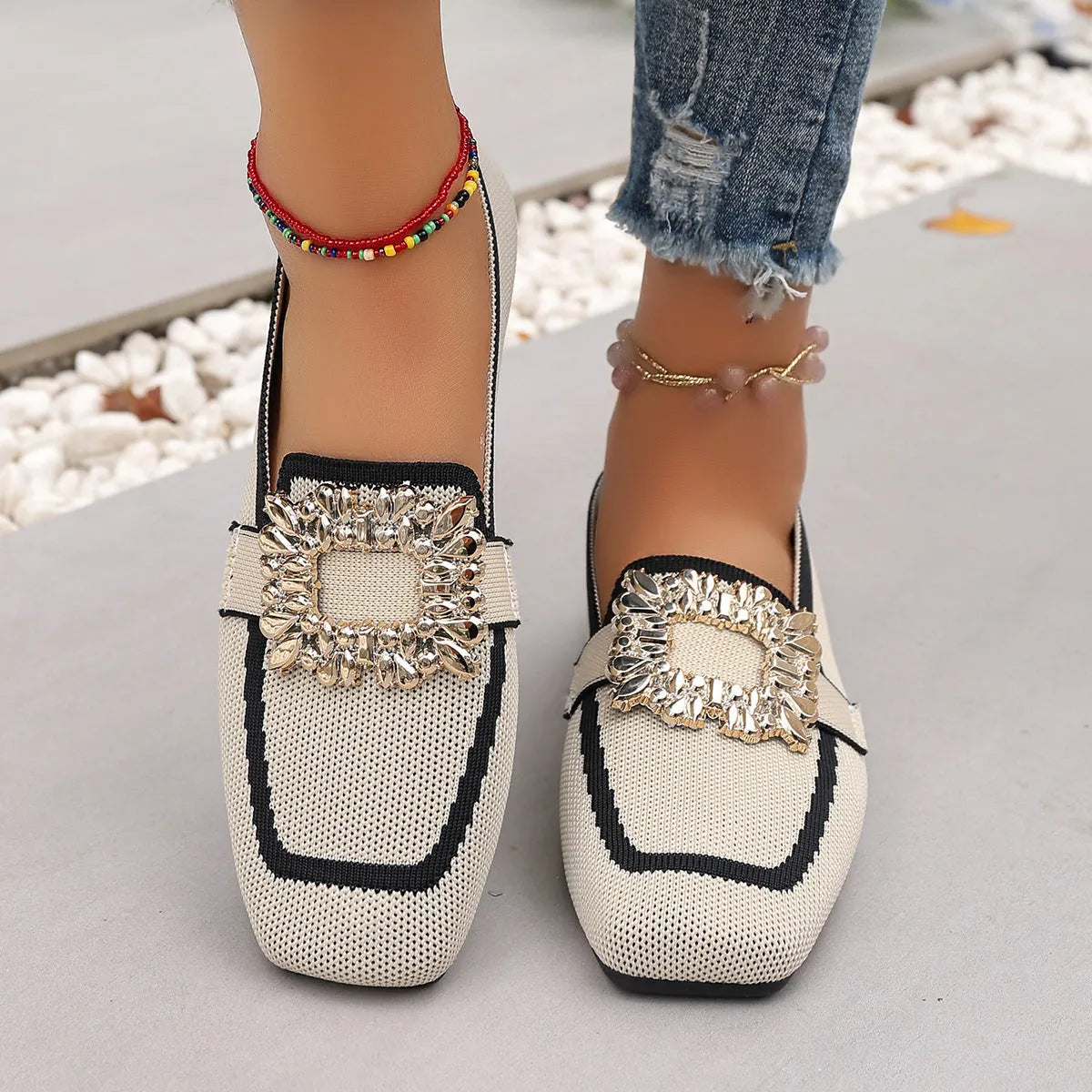 Flyknit slip-on square toe rhinestone flat shoes for women in beige with cloth lining