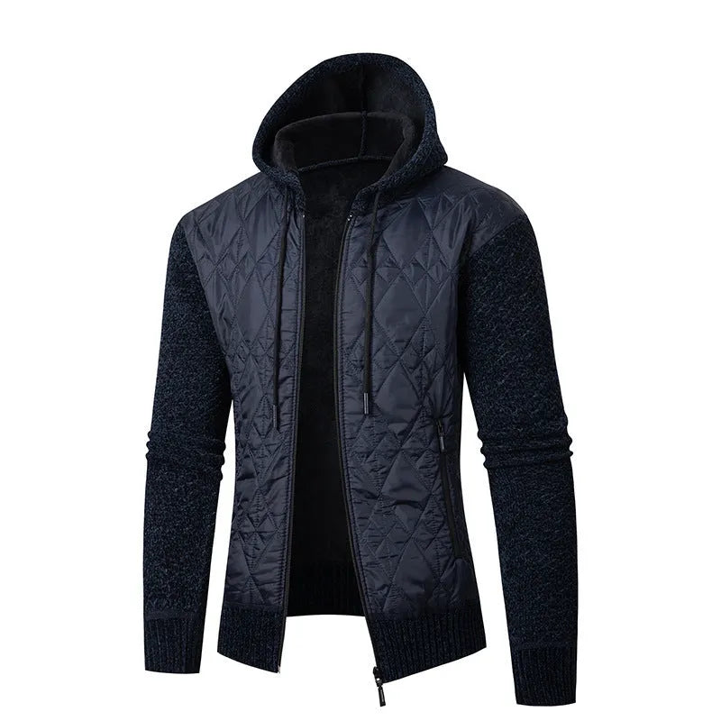 Men's grey hooded corduroy sweater coat with cinched waistline