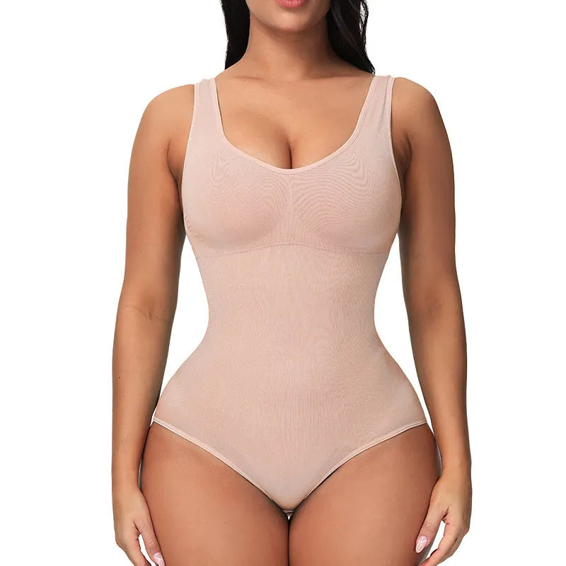 Seamless nylon corset bodysuit for women in green colour on a size chart.