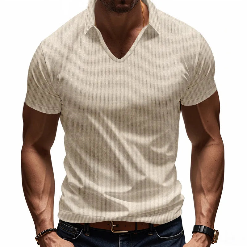 Men's loose fit V-neck T-shirt in apricot colour with short sleeves and cotton blend fabric