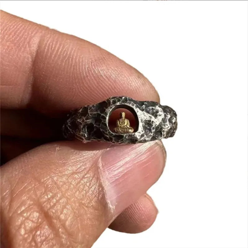 Copper Buddha ring with hand-forged grotto rock texture, size 8, retro unisex design