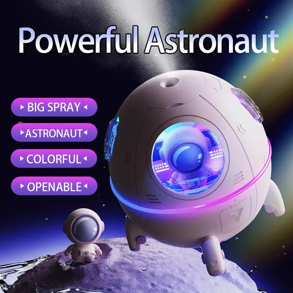 Astronaut-shaped portable USB humidifier with colourful LED light on a desk