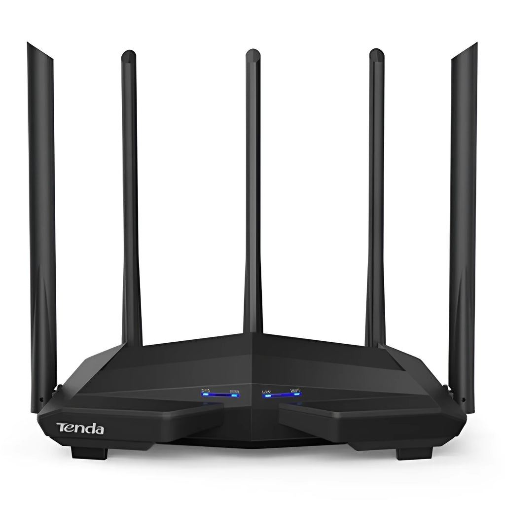Black TP-Link AC11 wireless router showing four Gigabit Ethernet ports on the back panel.