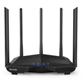 Black TP-Link AC11 wireless router showing four Gigabit Ethernet ports on the back panel.