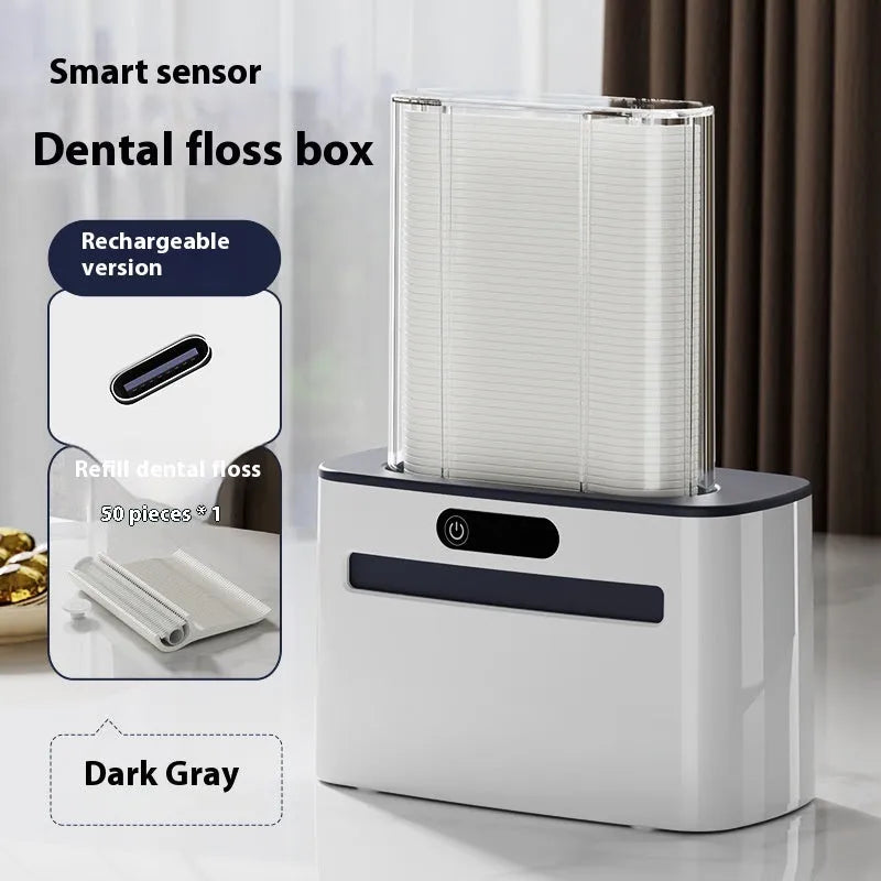 Automatic induction dental floss box in dark grey, gold, or light grey plastic with USB-C charging port.