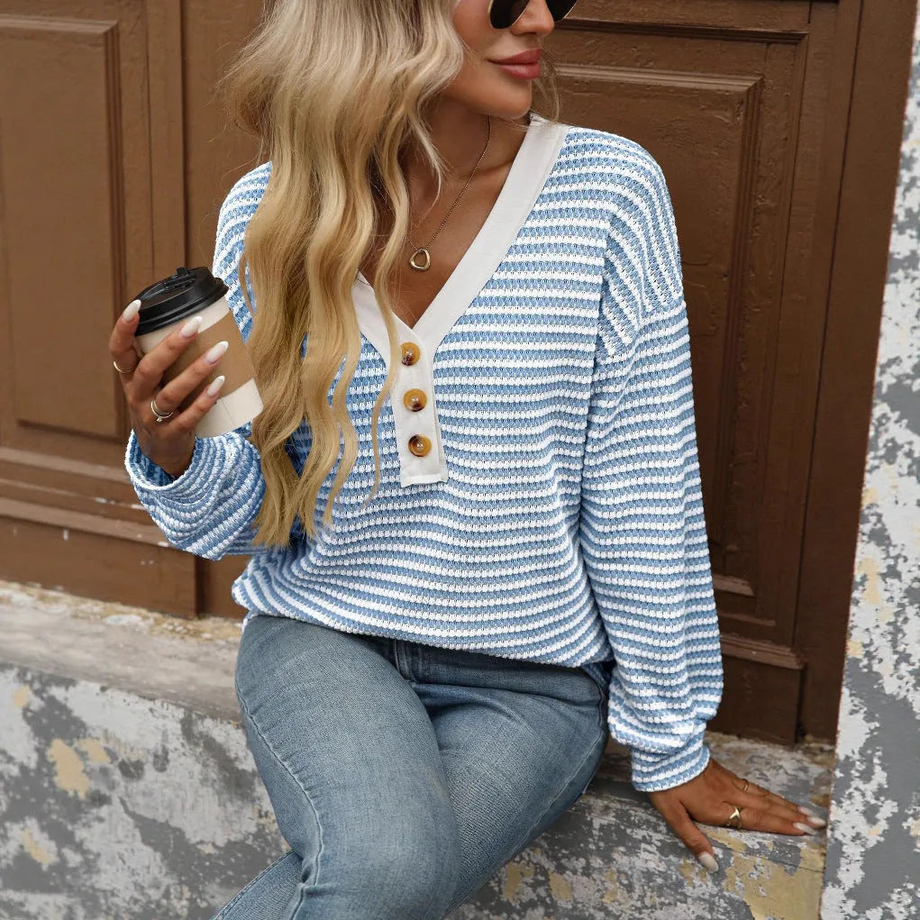 Women's V-neck button-front pullover top with patchwork design in loose-fitting street fashion style