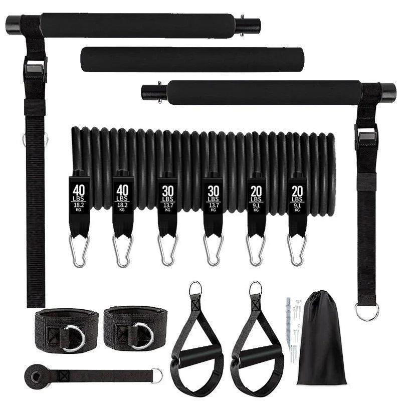 Yoga gymnastic bar with 180 pounds pink and black TPE resistance band pull rope set