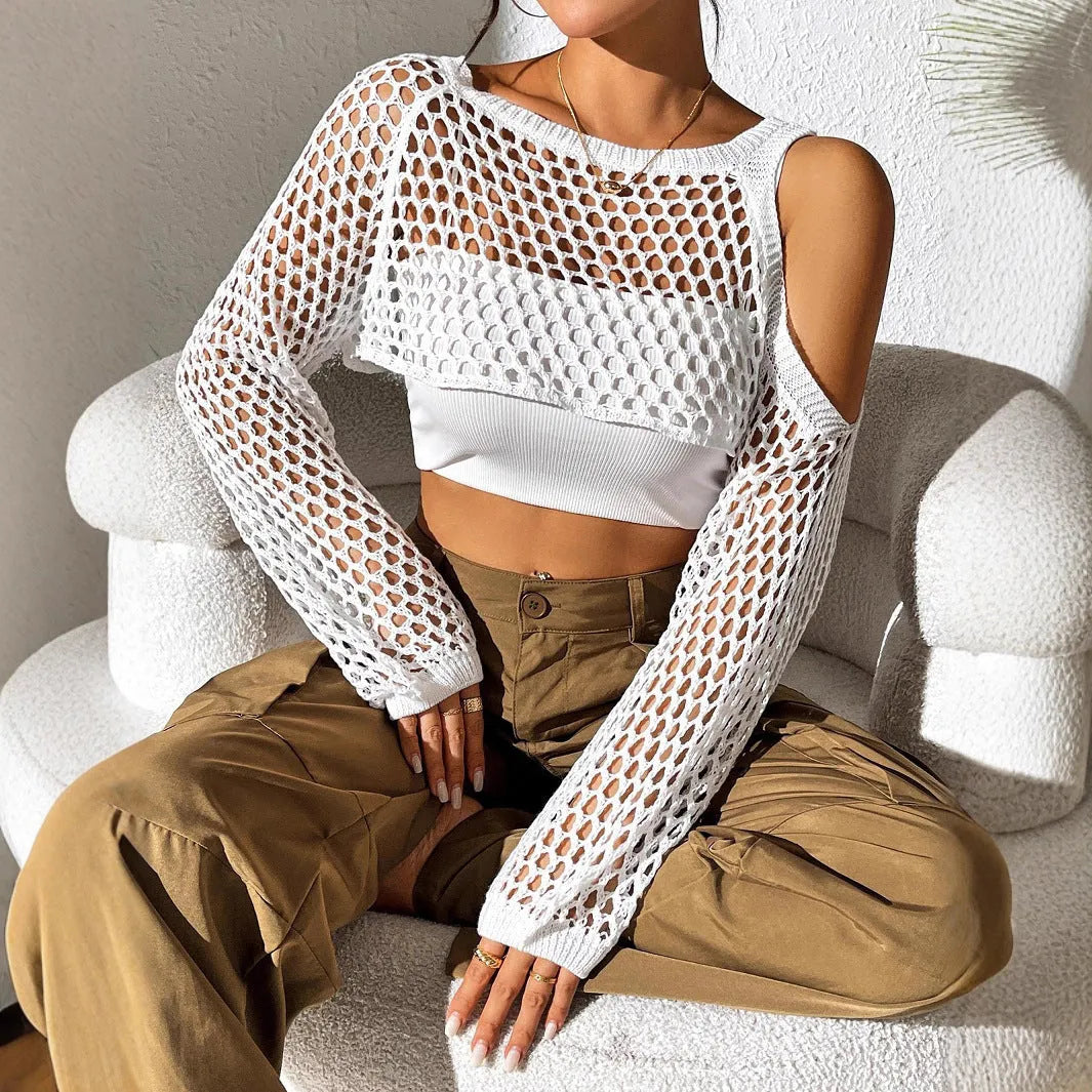 Sexy navel hollowed mesh shirt for beachwear in polypropylene fabric, shown in multiple colours.