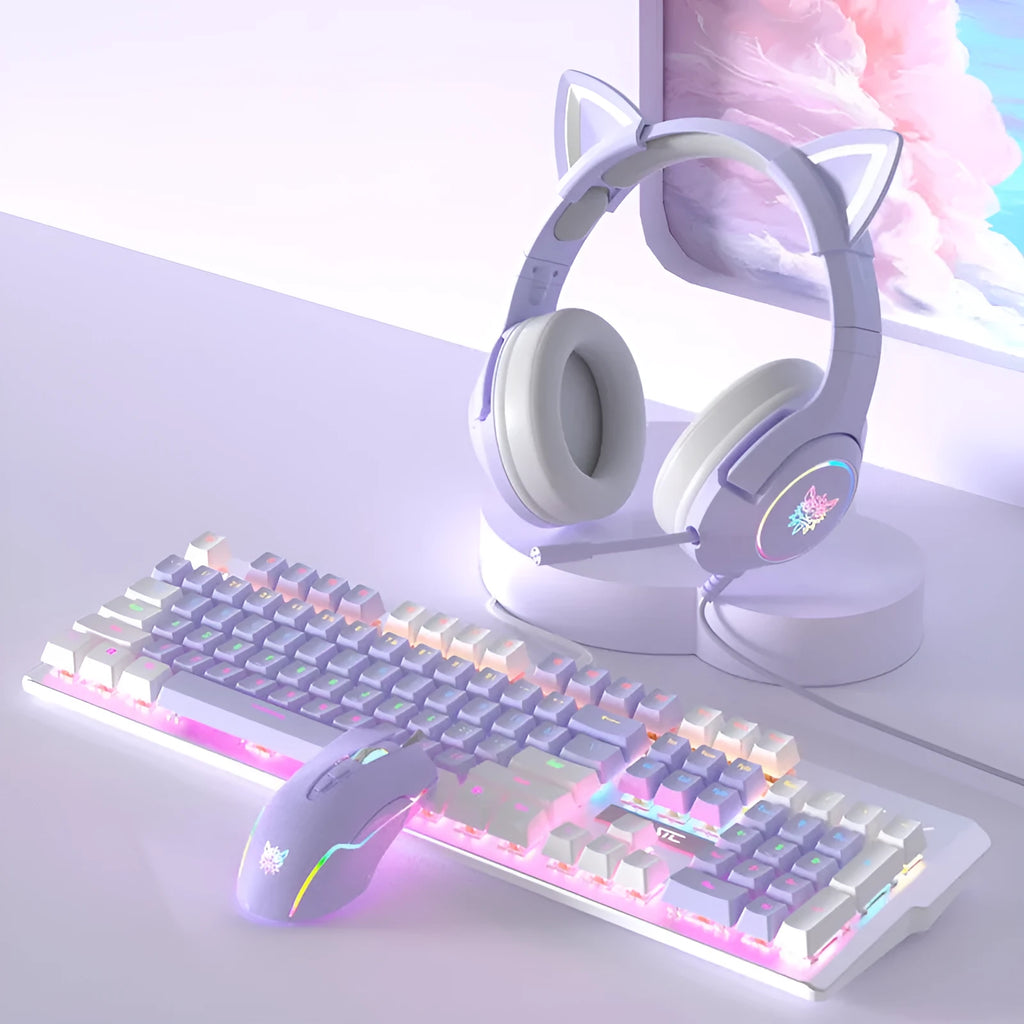 Purple-white mechanical keyboard and mouse gaming bundle with backlight illumination on desktop setup