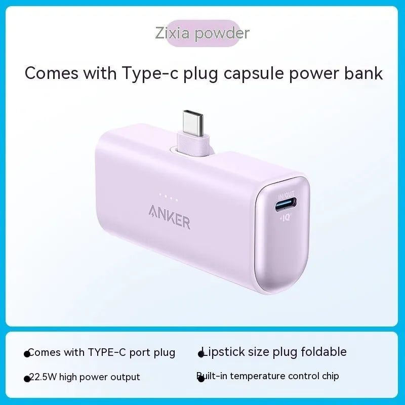 Capsule power bank 5000mAh portable charger with foldable Type-C head in five colour options