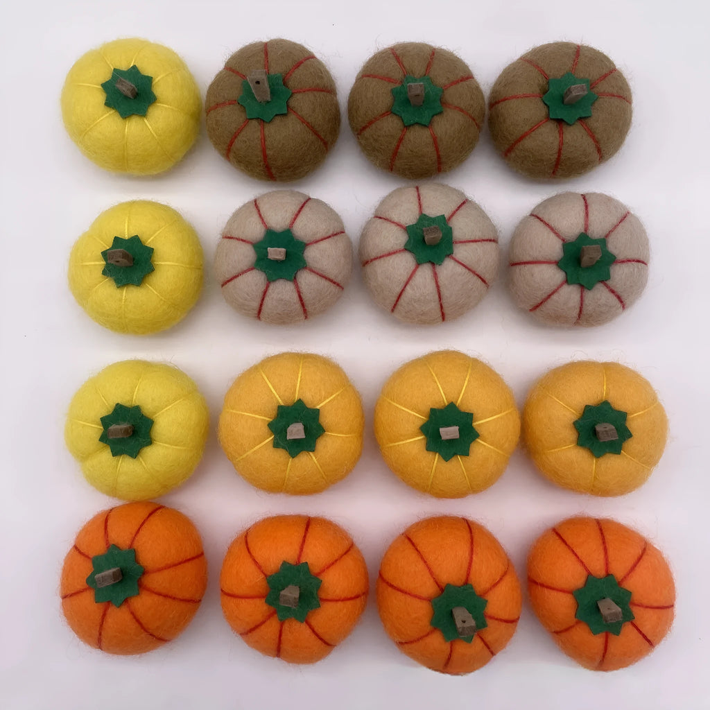 Wool felt pumpkin ornaments in autumn colours for doll decoration and crafts