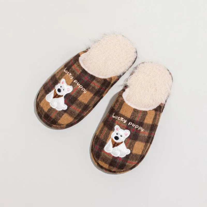 Indoor plush cotton slippers soft fluffy non-slip in chestnut coffee colour