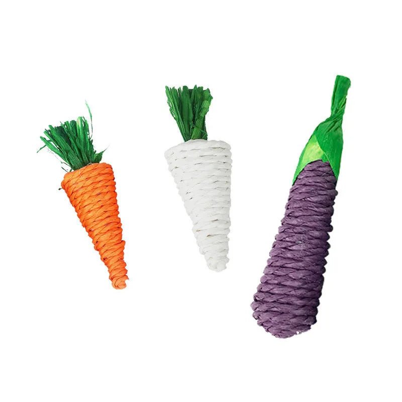 Natural loofah carrot chew toy 20cm for small pets, woven texture on white background