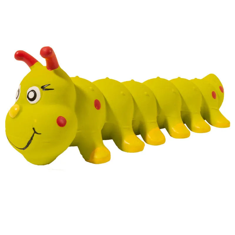 Yellow rubber caterpillar-shaped dog squeaky toy with measurements