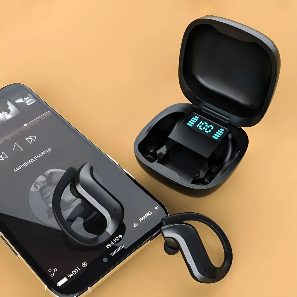 Black plastic ear-mounted wireless TWS Bluetooth headset with digital display screen for battery level