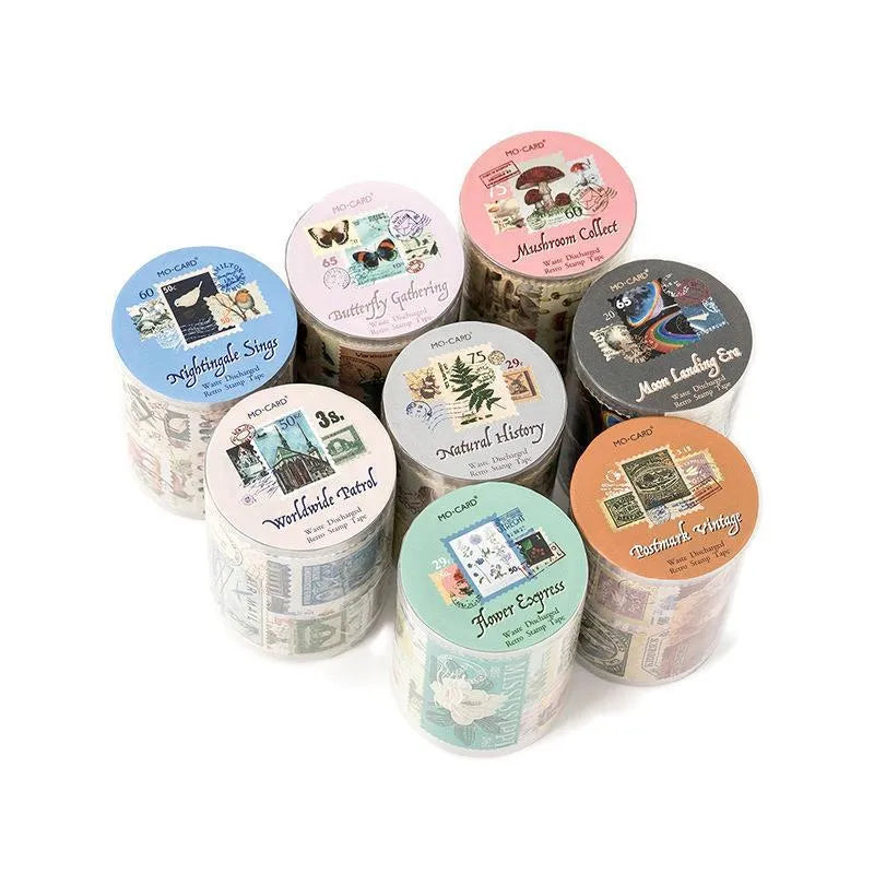 Roll of retro-style stamp stickers for journal decoration, showing butterfly, forest, bird and mushroom designs.