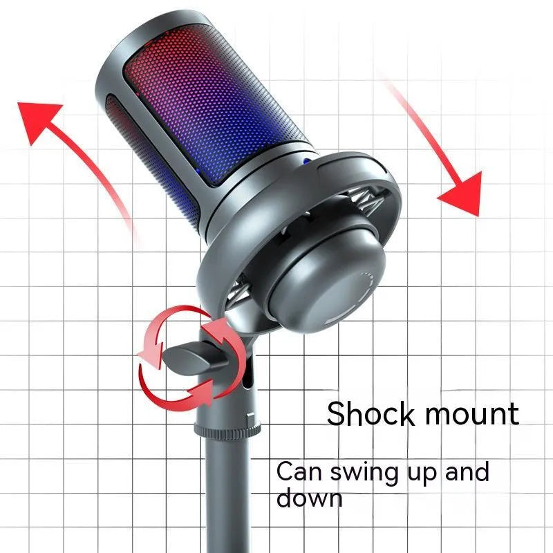 Condenser microphone with RGB lights in black, pink, or white, with a 150cm USB cable.