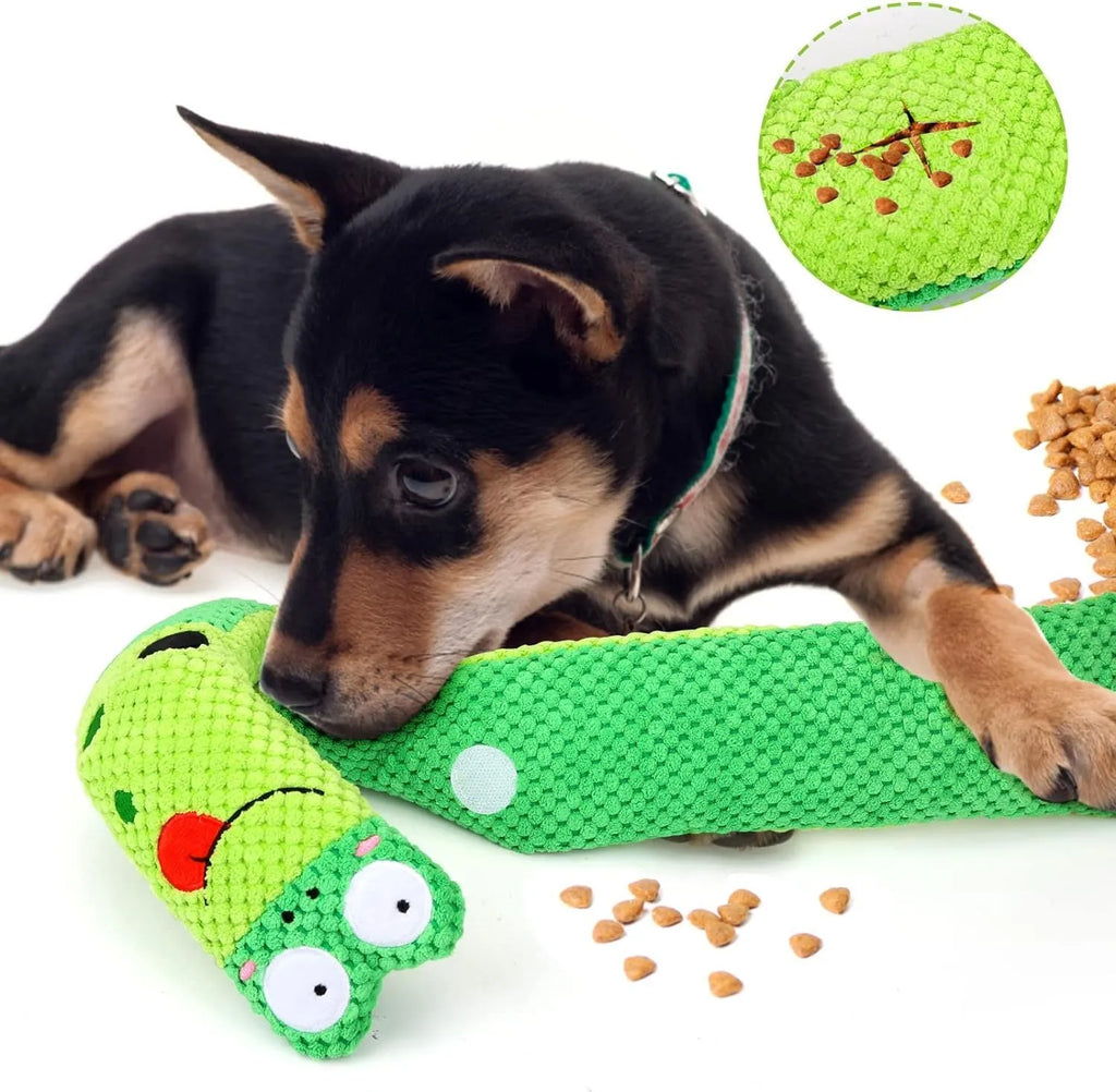 Dog puzzle toy with squeakers and snuffle design for foraging training in frog snail snake options