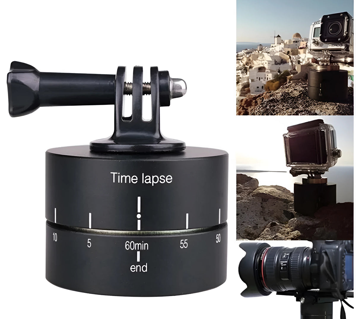 360-degree auto rotate camera tripod head on a tripod, compatible with GoPro and DSLR cameras.