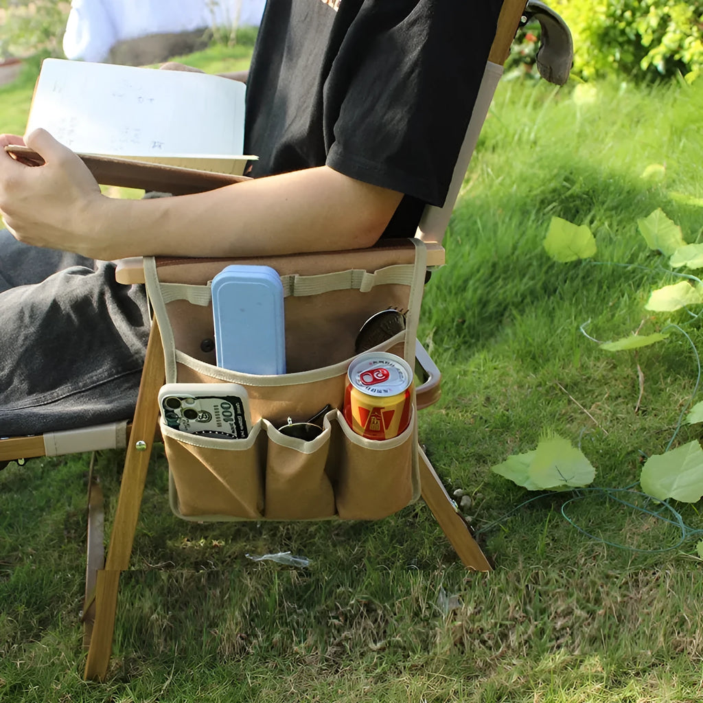 Multifunctional canvas storage bag in beige apricot for outdoor camping side hanging armrest use