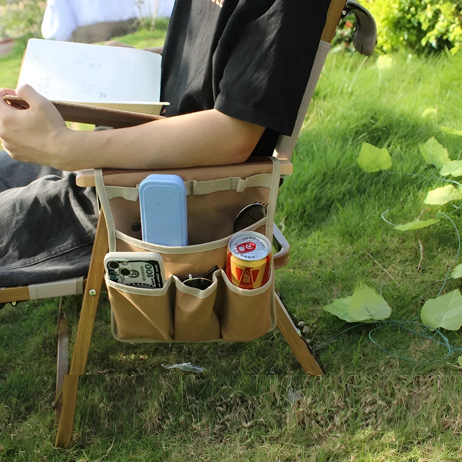 Multifunctional canvas storage bag in beige apricot for outdoor camping side hanging armrest use