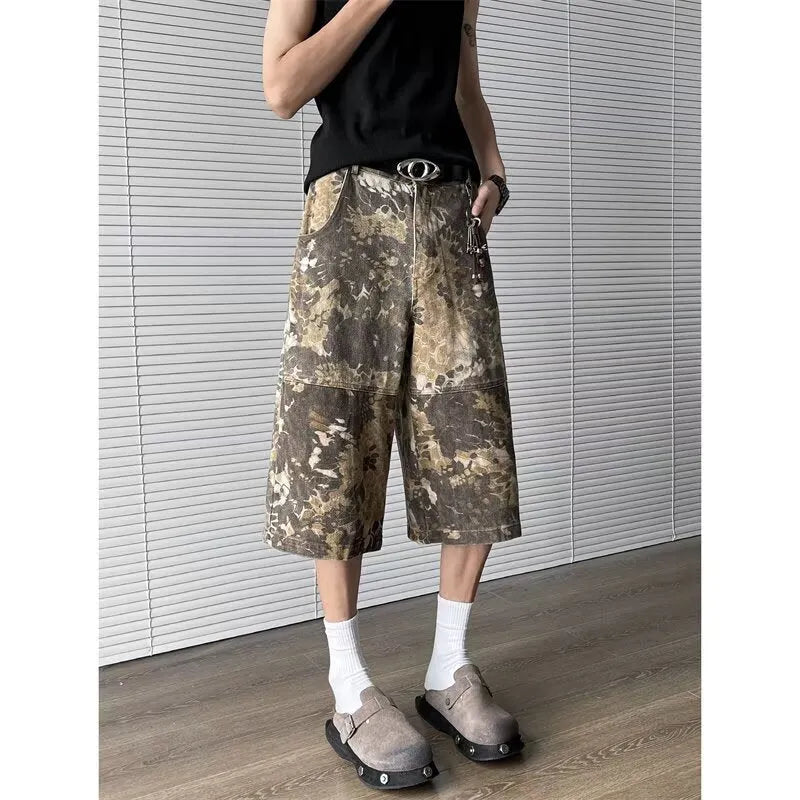 Yellow snake pattern camouflage jeans with cropped leg length on cotton denim