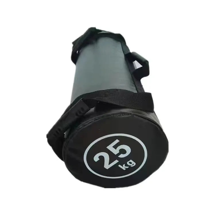 Flat white PVC gym sandbag for weight training, shown with weight options from 5kg to 30kg.