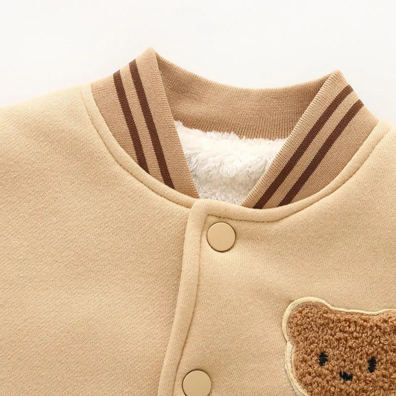 Fleece-lined cotton baseball coat for children, dark coffee colour, front view