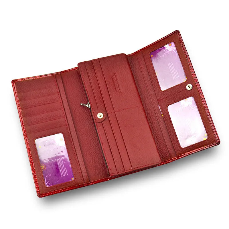 Women's leather coin purse with crocodile pattern texture in wine red, black, or red colours