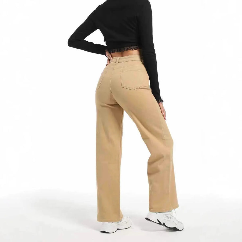 Women's apricot high-waist wide-leg straight jeans made from cotton.