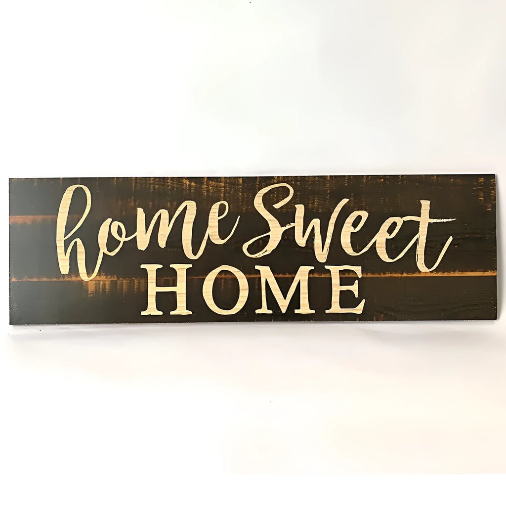 Carved wood Home Sweet Home hanging ornament in black, showing dimensions of 40cm wide.