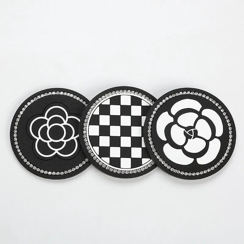 PVC universal non-slip car cup holder coaster mat in a checkerboard pattern.