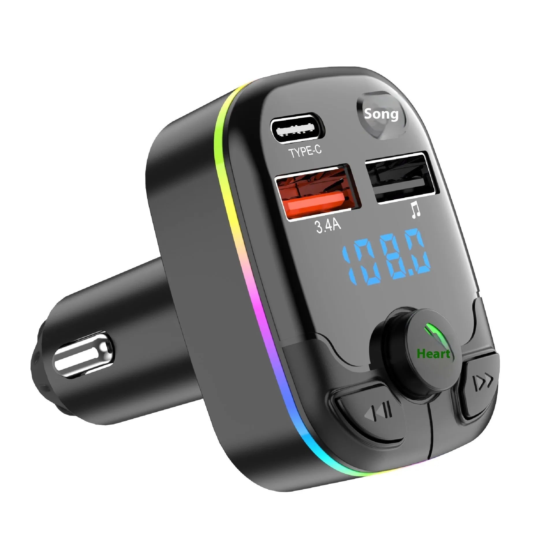 C9 vehicular Bluetooth MP3 player with hands-free call FM transmitter and PD fast charge showing 1.1 inch screen and ABS body