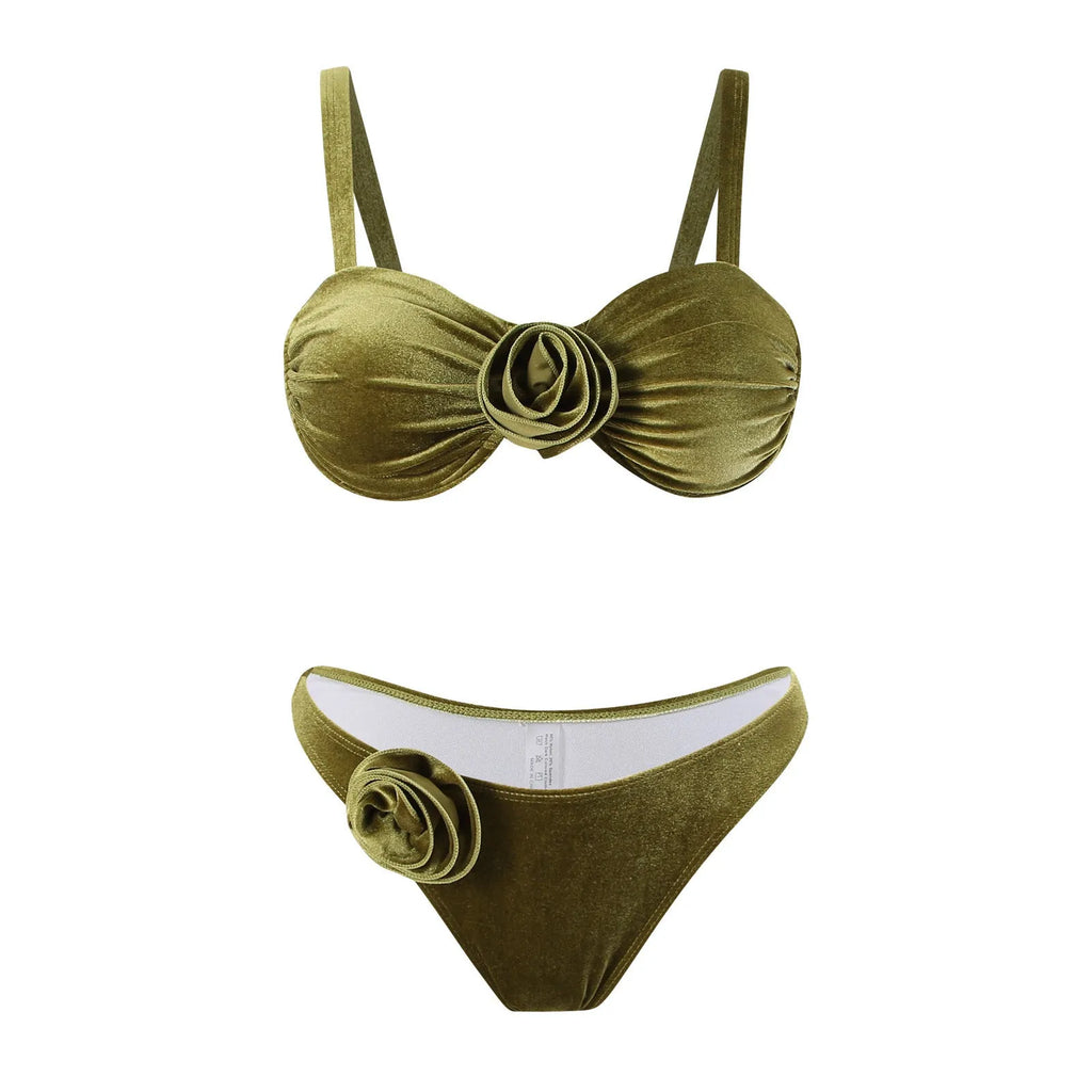 Women's 3D floral green swimsuit brief style with high elasticity for swimming and fitness