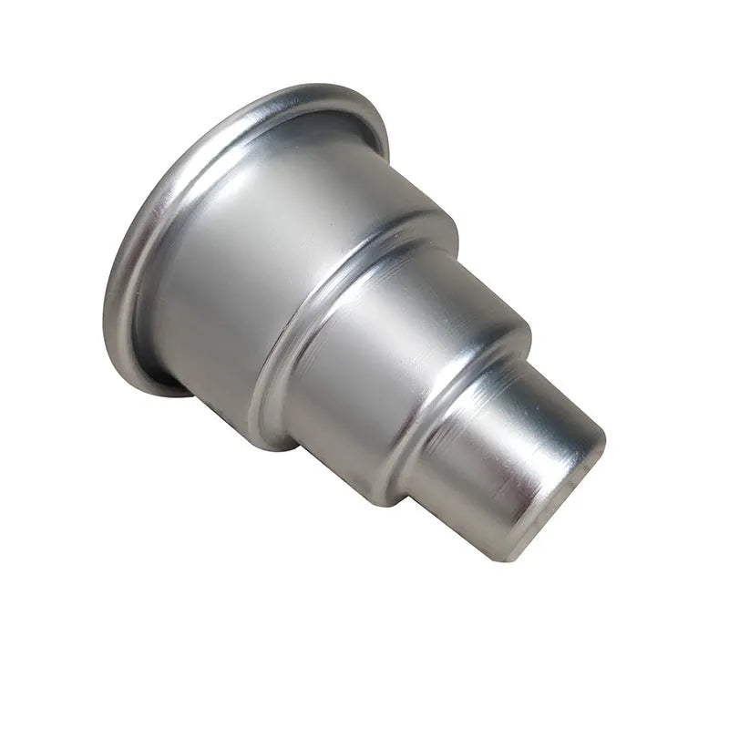 Set of three silver aluminium alloy cake moulds in large, medium, and small sizes for layered desserts.