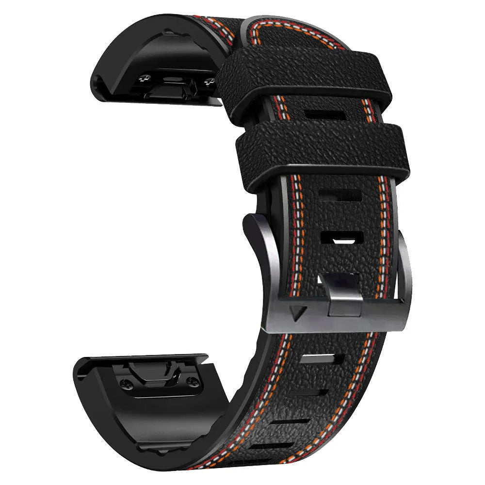 Silicone leather quick release watch strap for Garmin Fenix models in black, brown, light brown, and white