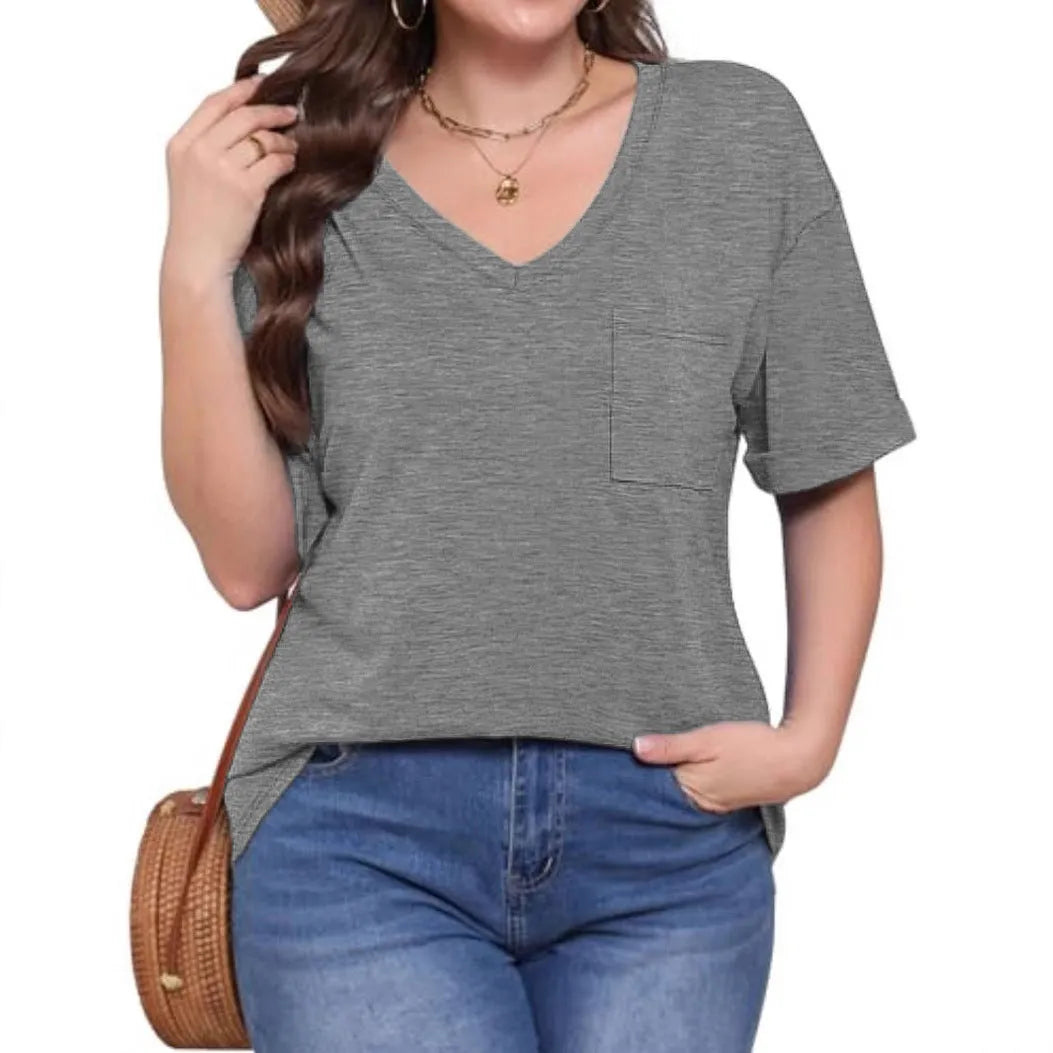 Grey loose V-neck short sleeve T-shirt with front pocket