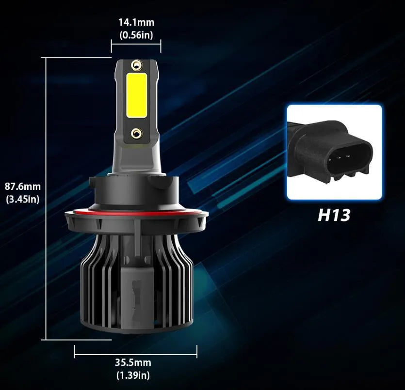Car LED headlight bulb kit showing 6000K white light, 72W high power, and plug-and-play connectors.