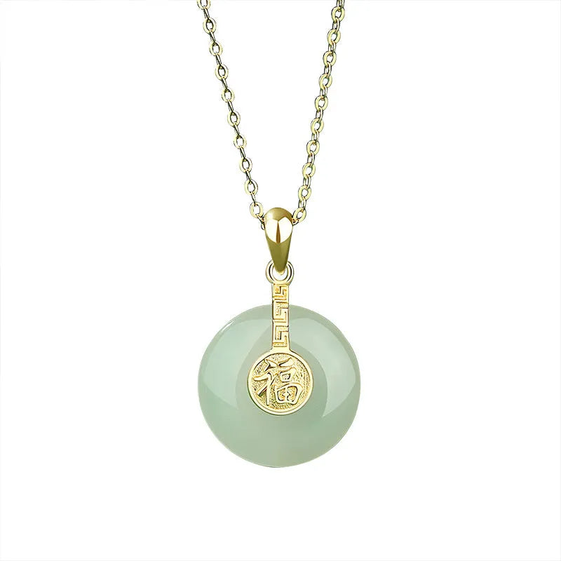 Hetian jade Nafu peace button necklace with 925 sterling silver O-chain and 18K gold plated collarbone chain
