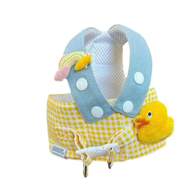 Three-piece summer cat clothes set with harness, leash, hat and rope accessories for outdoor pet safety