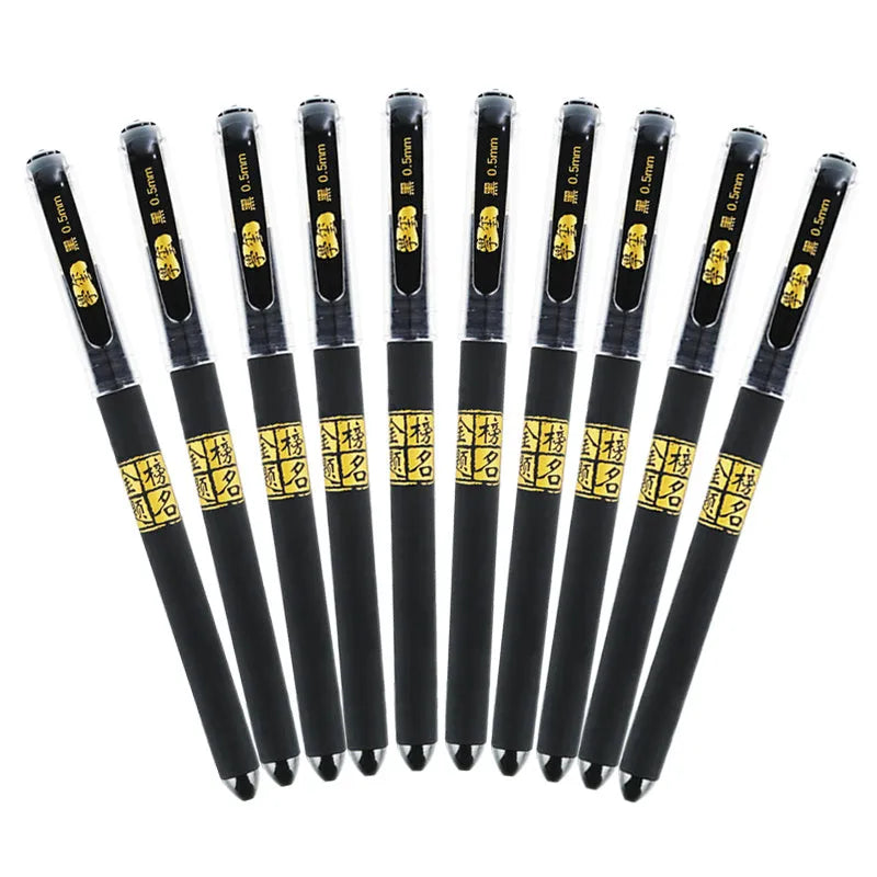 Carbon black gel pen set showing plastic construction with anti-fatigue grip and cap closure